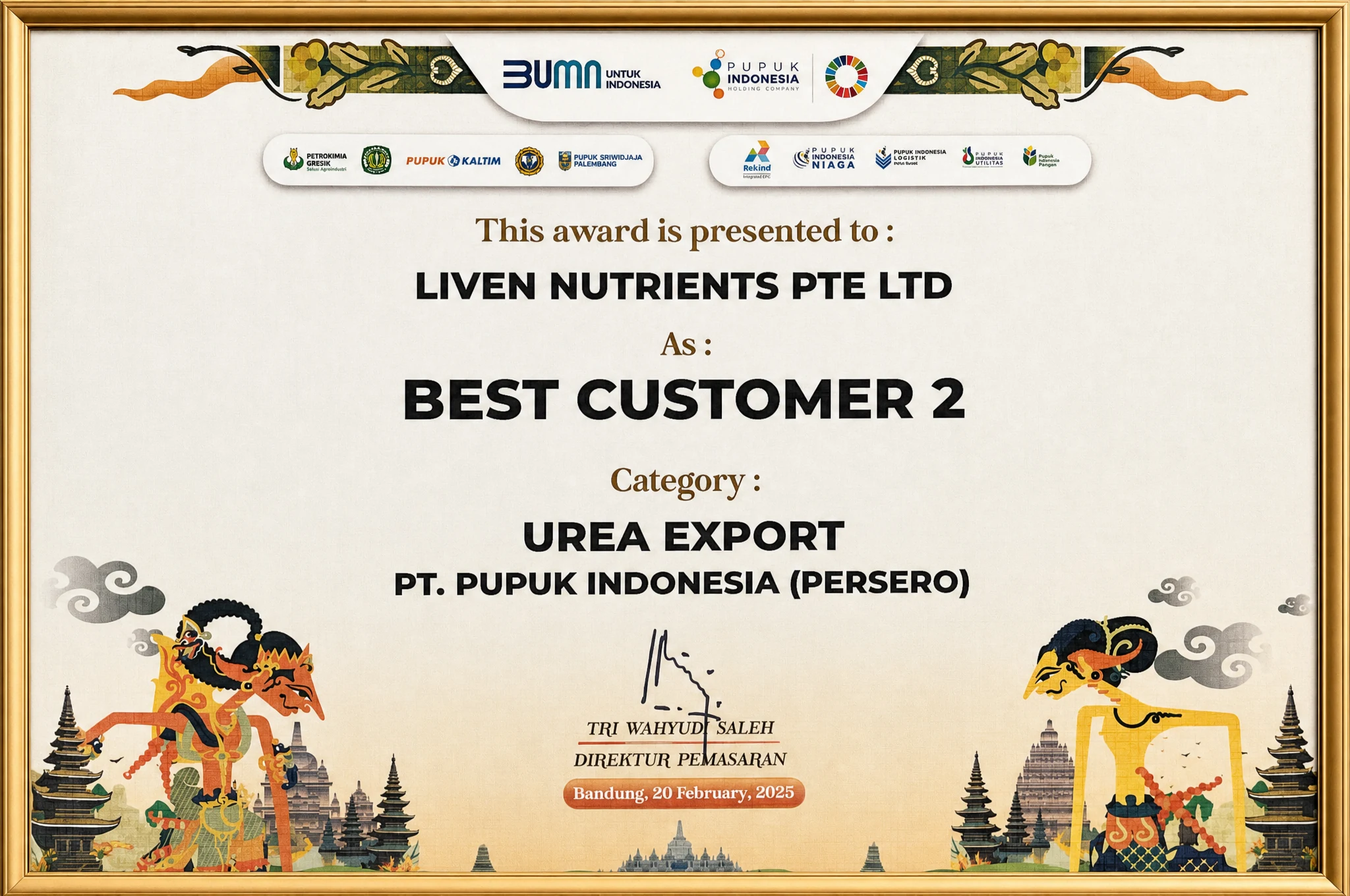 Liven Nutrients recognition award from PT Pupuk Indonesia